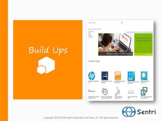 Build Ups




   Copyright 2012 © Microsoft Corporation and Sentri, Inc. All rights reserved.
 