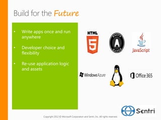 Future

•   Write apps once and run
    anywhere

•   Developer choice and
    flexibility

•   Re-use application logic
    and assets




               Copyright 2012 © Microsoft Corporation and Sentri, Inc. All rights reserved.
 