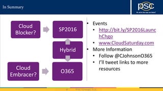 In Summary
Cloud
Blocker?
SP2016
Cloud
Embracer?
O365
Hybrid
• Events
• http://bit.ly/SP2016Launc
hChgo
• www.CloudSaturday.com
• More Information
• Follow @CJohnsonO365
• I’ll tweet links to more
resources
 