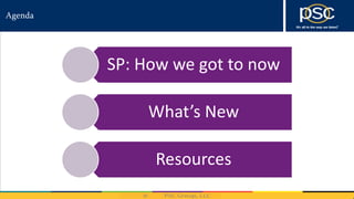 Agenda
SP: How we got to now
What’s New
Resources
 