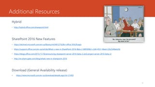 Additional Resources
Hybrid
• http://hybrid.office.com/sharepoint.html
SharePoint 2016 New Features
• https://technet.microsoft.com/en-us/library/mt346121%28v=office.16%29.aspx
• https://support.office.com/en-za/article/What-s-new-in-SharePoint-2016-Beta-2-089369b5-c3d4-4551-8bed-22b2548abd3b
• https://blogs.office.com/2015/11/18/announcing-sharepoint-server-2016-beta-2-and-project-server-2016-beta-2/
• http://en.share-gate.com/blog/whats-new-in-sharepoint-2016
Download (General Availability release)
• https://www.microsoft.com/en-us/download/details.aspx?id=51493
14
 
