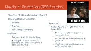 May the 4th Be With You (SP2016 version)
• SharePoint 2016 General Availability (May 4th)
• New hybrid features coming for
• OneDrive
• Team Sites
• DLP (Data Loss Prevention)
• Migration
• Fast Track (to get you into the cloud)
• New migration services coming for
SharePoint 2016 and Box (with more to
come later this year)
3
As expected…
• Featured packs coming for SharePoint
Server 2016
• No more having to wait 3 years for a
new server release
• First pack will be rolled out in calendar
year 2017
• New features will be rolled out via an
accelerated program
 