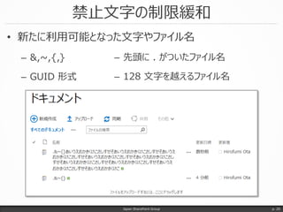 禁止文字の制限緩和
• 新たに利用可能となった文字やファイル名
– &,~,{,}
– GUID 形式
Japan SharePoint Group p. 20
– 先頭に . がついたファイル名
– 128 文字を越えるファイル名
 