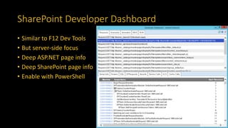 SharePoint Developer Dashboard
• Similar to F12 Dev Tools
• But server-side focus
• Deep ASP.NET page info
• Deep SharePoint page info
• Enable with PowerShell
 