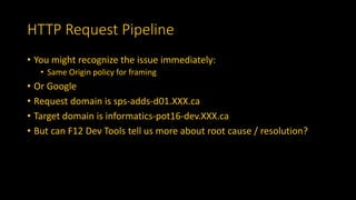 HTTP Request Pipeline
• You might recognize the issue immediately:
• Same Origin policy for framing
• Or Google
• Request domain is sps-adds-d01.XXX.ca
• Target domain is informatics-pot16-dev.XXX.ca
• But can F12 Dev Tools tell us more about root cause / resolution?
 