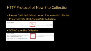 HTTP Protocol of New Site Collection
• Success: Switched default protocol for new site collection
• 3rd party Create Host-Named Site Collection
• OOTB Create Site Collection
 