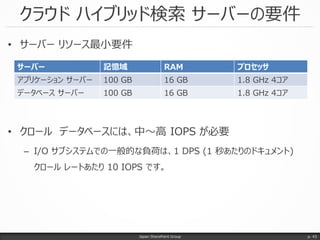 • サーバー リソース最小要件
• クロール データベースには、中～高 IOPS が必要
– I/O サブシステムでの一般的な負荷は、1 DPS (1 秒あたりのドキュメント)
クロール レートあたり 10 IOPS です。
クラウド ハイブリッド検索 サーバーの要件
Japan SharePoint Group p. 43
サーバー 記憶域 RAM プロセッサ
アプリケーション サーバー 100 GB 16 GB 1.8 GHz 4コア
データベース サーバー 100 GB 16 GB 1.8 GHz 4コア
 