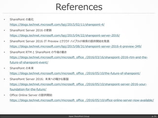 References
Japan SharePoint Group p. 51
• SharePoint の進化
https://blogs.technet.microsoft.com/bpj/2015/02/11/sharepoint-4/
• SharePoint Server 2016 の更新
https://blogs.technet.microsoft.com/bpj/2015/04/22/sharepoint-server-2016/
• SharePoint Server 2016 IT Preview とクラウド ハイブリッド検索の提供開始を発表
https://blogs.technet.microsoft.com/bpj/2015/08/31/sharepoint-server-2016-it-preview-349/
• SharePoint RTM と SharePoint の今後の動き
https://blogs.technet.microsoft.com/microsoft_office_/2016/03/16/sharepoint-2016-rtm-and-the-
future-of-sharepoint-event/
• SharePoint の未来
https://blogs.technet.microsoft.com/microsoft_office_/2016/05/10/the-future-of-sharepoint/
• SharePoint Server 2016: 未来への確かな基盤
https://blogs.technet.microsoft.com/microsoft_office_/2016/05/10/sharepoint-server-2016-your-
foundation-for-the-future/
• Office Online Server の提供開始
https://blogs.technet.microsoft.com/microsoft_office_/2016/05/10/office-online-server-now-available/
 