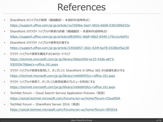 References
Japan SharePoint Group p. 52
• SharePoint のハイブリッド検索（機械翻訳 - 本資料作成時時点）
https://support.office.com/ja-jp/article/1a7269ba-5aa7-481b-b608-030c58fa932e
• SharePoint のクラウド ハイブリッド検索の詳細（機械翻訳 - 本資料作成時時点）
https://support.office.com/ja-jp/article/af830951-8ddf-48b2-8340-179c1cc4d291
• SharePoint のクラウド ハイブリッド検索を計画する
https://support.office.com/ja-jp/article/33926857-302c-424f-ba78-03286cf5ac30
• クラウド ハイブリッド検索を構成するためのロードマップ
https://technet.microsoft.com/ja-jp/library/0bba350d-ec33-43db-a873-
930559c78dee(v=office.16).aspx
• クラウド ハイブリッド検索を使用して、オンプレミス SharePoint の Office 365 から結果を表示する
https://technet.microsoft.com/ja-jp/library/mt668455(v=office.16).aspx
• クラウド ハイブリッド検索で、オンプレミス検索結果のプレビューを有効にする
https://technet.microsoft.com/ja-jp/library/mt668456(v=office.16).aspx
• TechNet Forum – Cloud Search Service Application Preview（英語）
https://social.technet.microsoft.com/Forums/en-us/home?forum=CloudSSA
• TechNet Forum – SharePoint Server 2016（英語）
https://social.technet.microsoft.com/Forums/en-us/home?forum=SP2016
 
