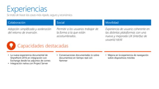 Colaboración Social Movilidad
Adopción simplificada y aceleración
del retorno de inversión.
Permitir a los usuarios trabajar de
la forma a la que están
acostumbrados.
Experiencia de usuario coherente en
las distintas plataformas con una
nueva y mejorada UX (interfaz de
usuario) táctil
• La nueva experiencia documental de
SharePoint 2016 en integración con
Exchange desde los adjuntos de correo
• Integración nativa con Project Server
• Conversaciones documentales (o sobre
documentos) en tiempo real con
Yammer
• Mejora en la experiencia de navegación
sobre dispositivos móviles
Experiencias
Se trata de hacer las cosas más rápido, seguro y económico.
Capacidades destacadas
 