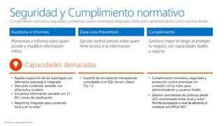 Auditoría e Informes Data Loss Prevention Cumplimiento
Monitoriza e informa sobre quien
accede y modifica información
crítica.
Ejecuta control preciso sobre quien
tiene acceso a la información.
Gestiona mejor el riesgo al proteger
tu negocio con capacidades fiables
y seguras.
• Rapida inspección de las topologías con
telemetria avanzada e integrada
• Descubre contenido sensible con
eDiscovery in-place
• Encuentra información sensible con 51
ID's unicas de clasificación
• Reporting integrado para contenido
local y en la nube ⱡ
• Soporte de encriptación transparente
consultable (con SQL Server v.Next)
TSL 1.2
• Cumplimiento normativo, seguridad y
protección contra amenazas, en
conexión con la nube, para
administradores y usuarios finales
• Gestión centralizada de politicas desde
UCC sincronizado entre local y nube ⱡ
Permite encriptación a nivel de elemento al
combinar con Office 365 ⱡ
Seguridad y Cumplimiento normativo
Cumplimiento normativo, seguridad y protección contra amenazas integradas tanto para administradores como usuariosfinales
Capacidades destacadas
 