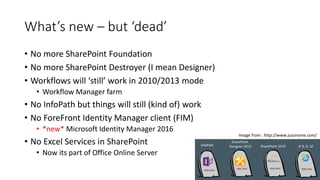 What’s new – Architect/Admin/Dev/Other
• Ability to create SharePoint farms based on pre-defined server roles
• MinRole – ...