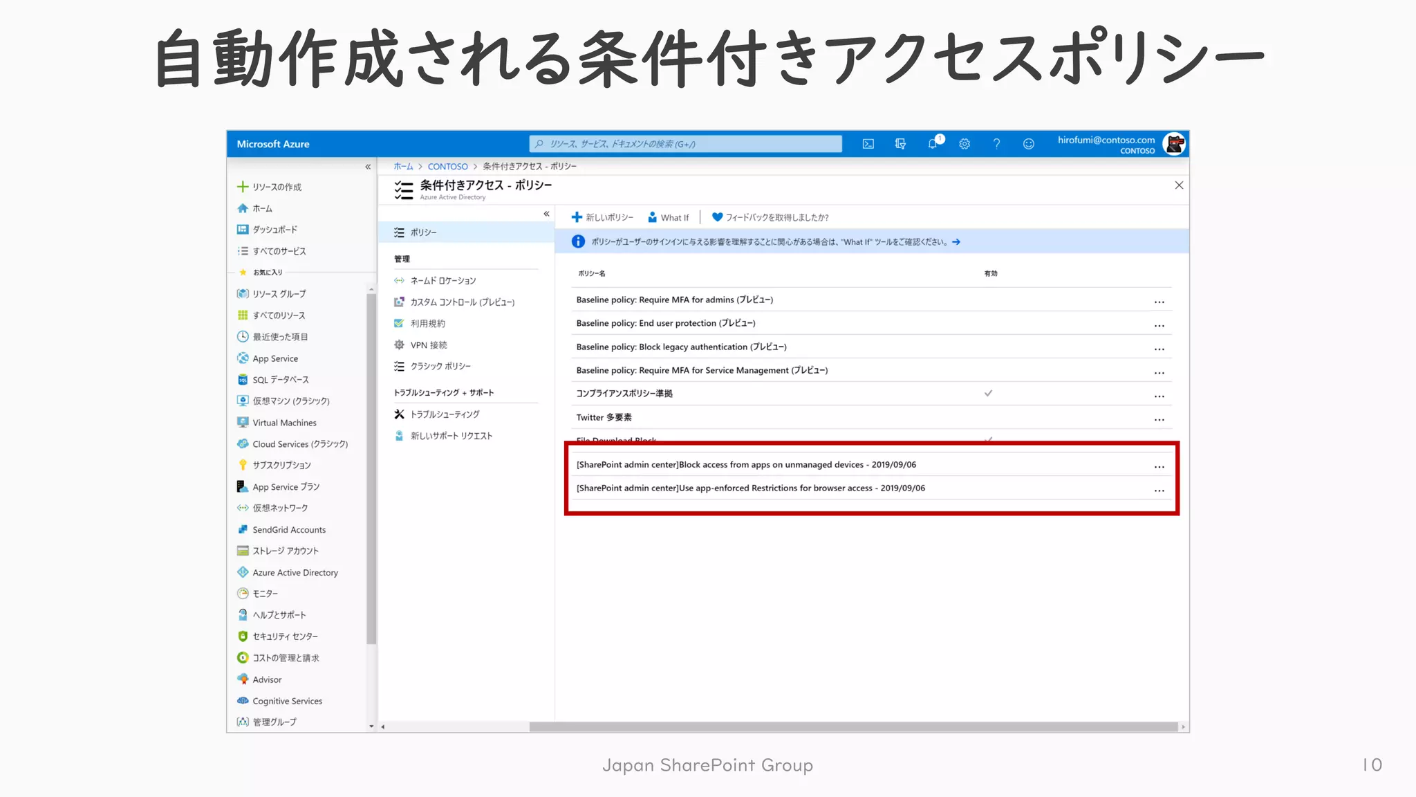 自動作成される条件付きアクセスポリシー
Japan SharePoint Group 10
 