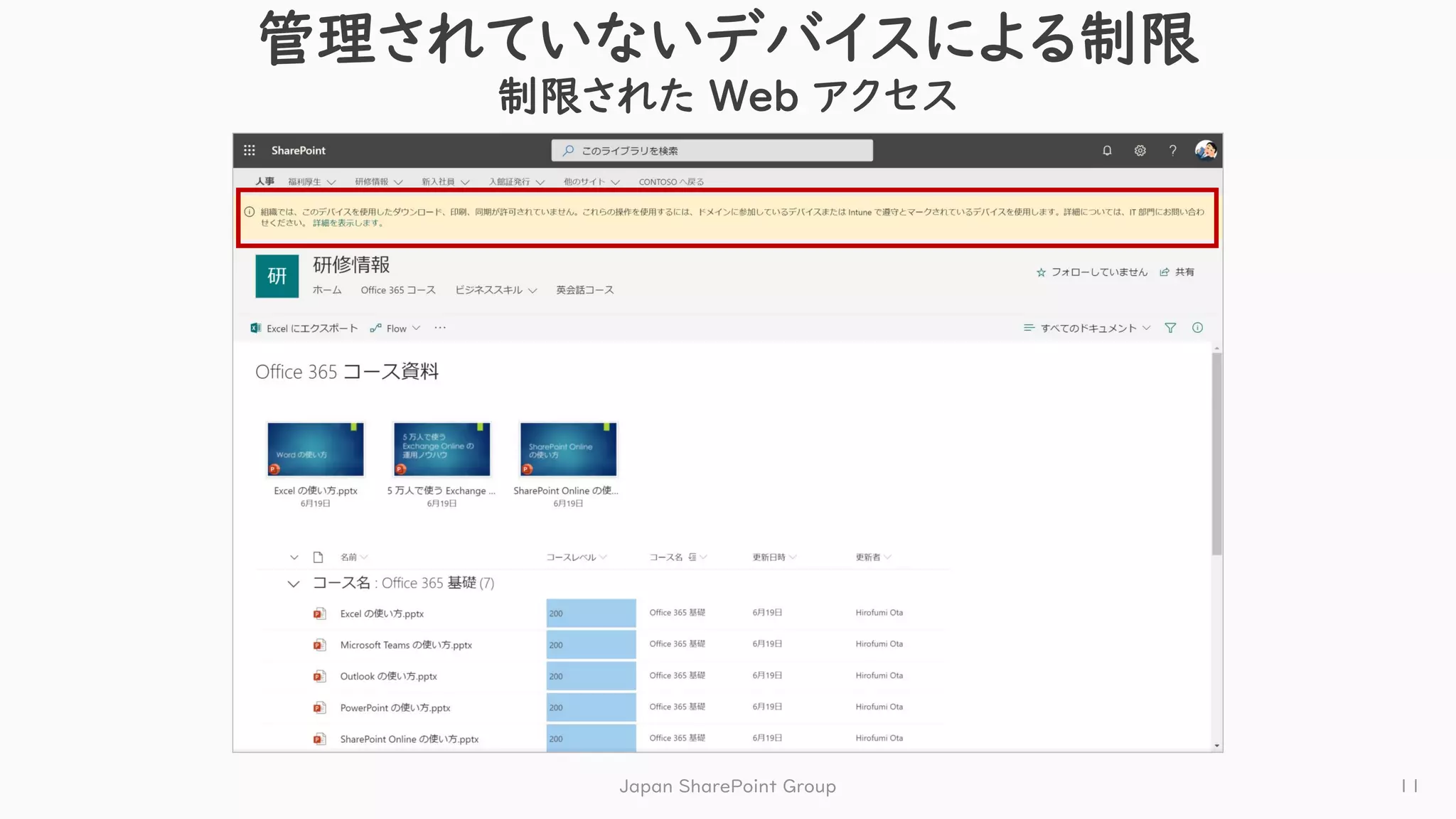 管理されていないデバイスによる制限
制限された Web アクセス
Japan SharePoint Group 11
 