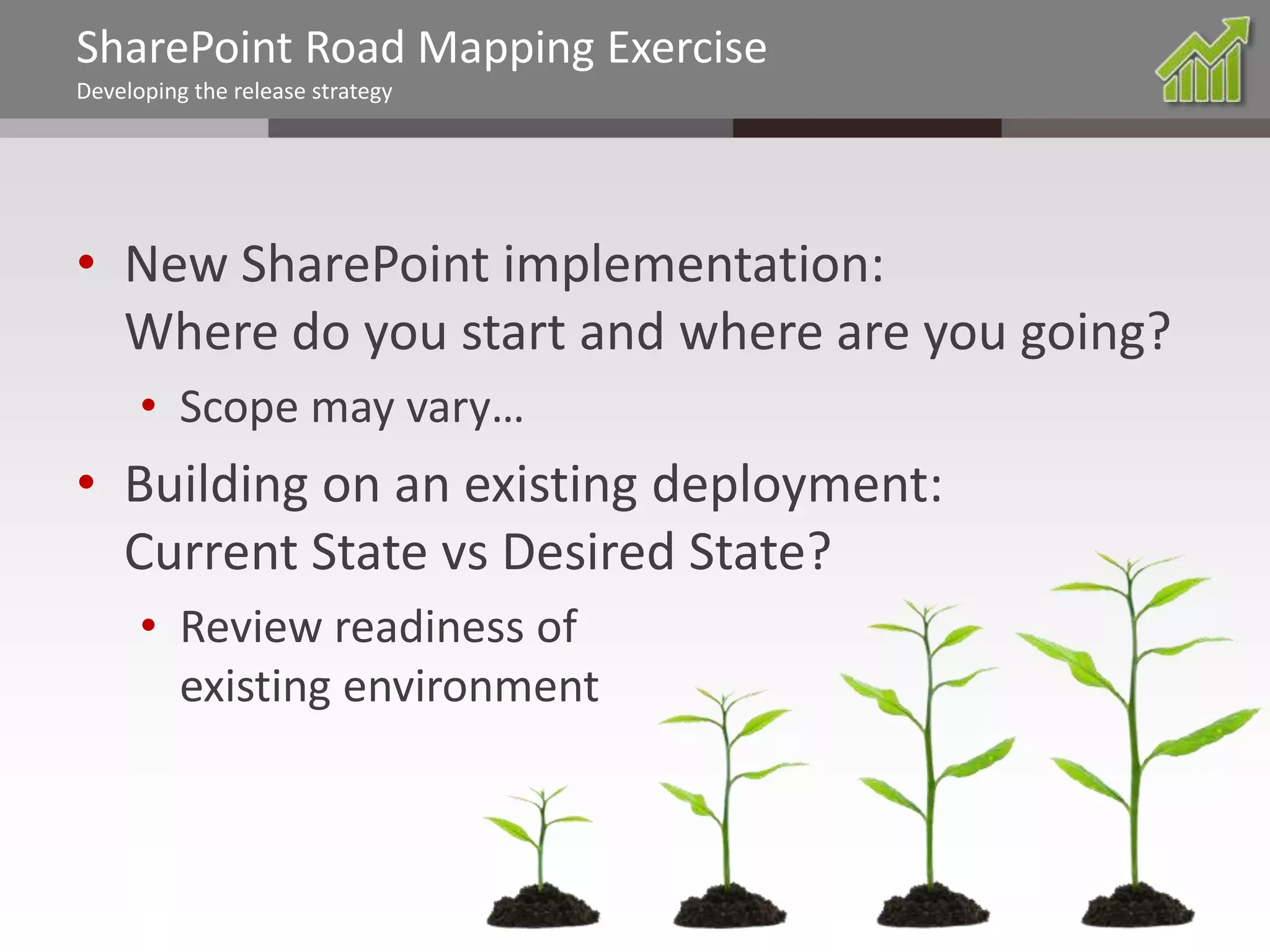 SharePoint Road Mapping Exercise
Developing the release strategy

• New SharePoint implementation:
Where do you start and where are you going?
• Scope may vary…

• Building on an existing deployment:
Current State vs Desired State?
• Review readiness of
existing environment

@chrysalisbts

 