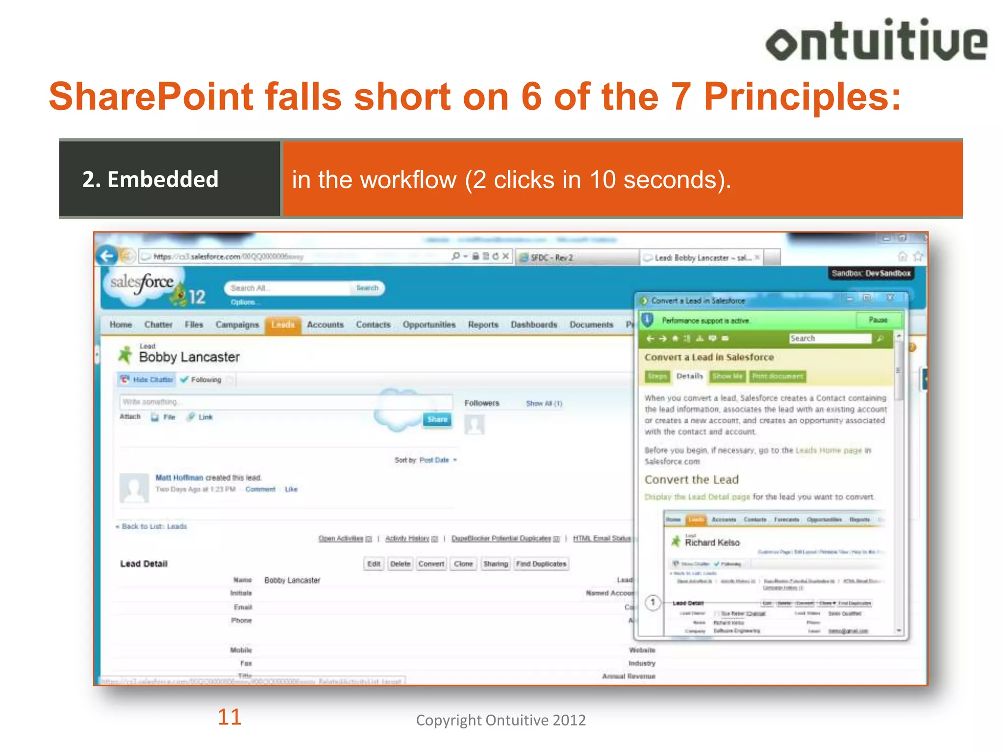 SharePoint falls short on 6 of the 7 Principles:
 2. Embedded    in the workflow (2 clicks in 10 seconds).




           11              Copyright Ontuitive 2012         11
 