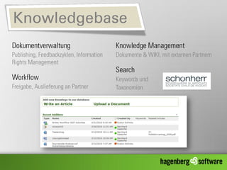 Knowledgebase
Dokumentverwaltung                        Knowledge Management
Publishing, Feedbackzyklen, Information   Dokumente & WIKI, mit externen Partnern
Rights Management
                                          Search
Workflow                                  Keywords und
Freigabe, Auslieferung an Partner         Taxonomien
 