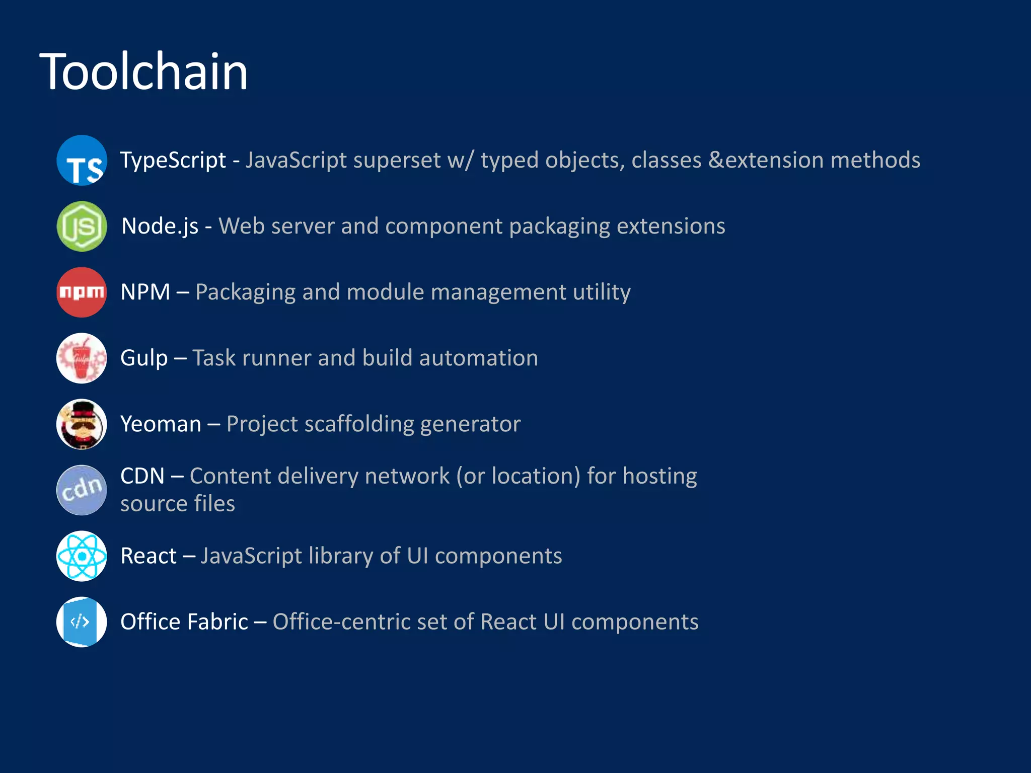 TypeScript - JavaScript superset w/ typed objects, classes &extension methods
Node.js - Web server and component packaging extensions
NPM – Packaging and module management utility
Gulp – Task runner and build automation
Yeoman – Project scaffolding generator
CDN – Content delivery network (or location) for hosting
source files
React – JavaScript library of UI components
Office Fabric – Office-centric set of React UI components
 