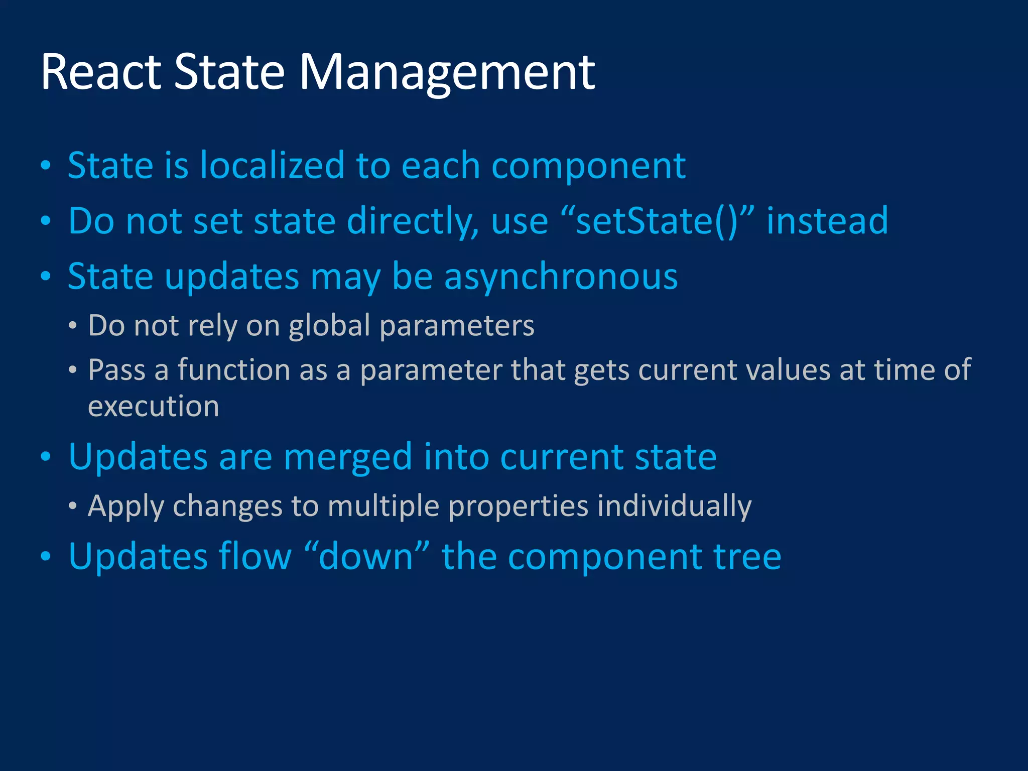• Do not rely on global parameters
• Pass a function as a parameter that gets current values at time of
execution
• Apply changes to multiple properties individually
 