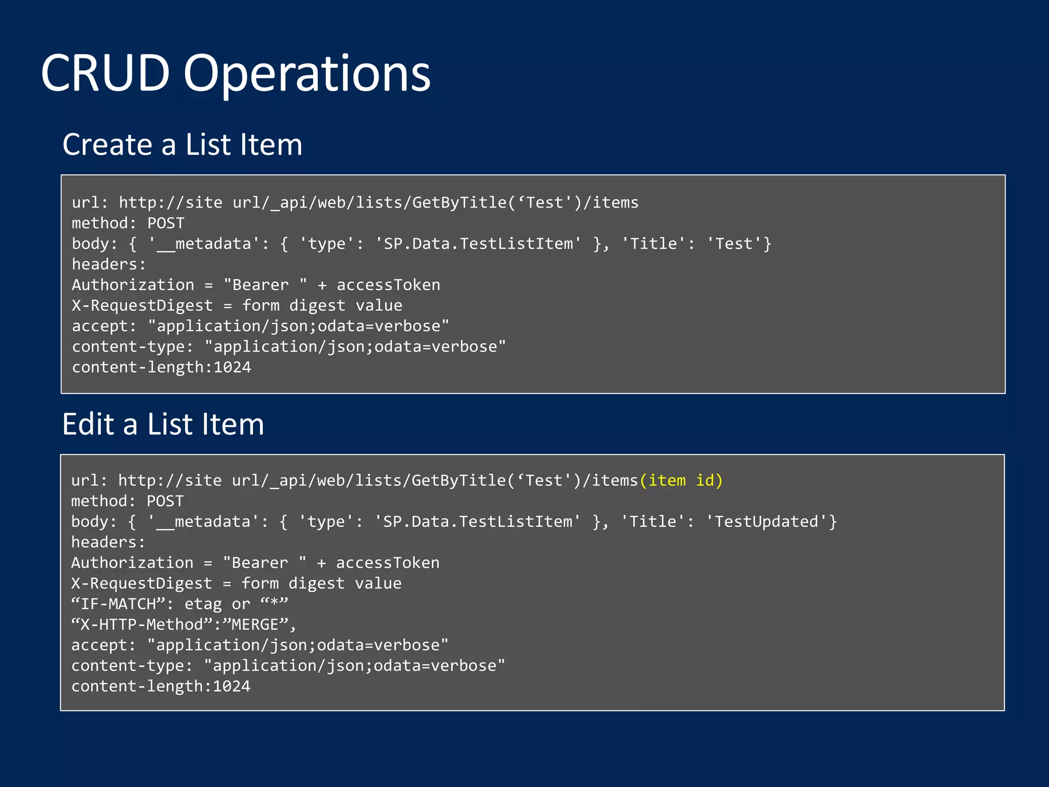 url: http://site url/_api/web/lists/GetByTitle(‘Test')/items
method: POST
body: { '__metadata': { 'type': 'SP.Data.TestListItem' }, 'Title': 'Test'}
headers:
Authorization = "Bearer " + accessToken
X-RequestDigest = form digest value
accept: "application/json;odata=verbose"
content-type: "application/json;odata=verbose"
content-length:1024
Create a List Item
url: http://site url/_api/web/lists/GetByTitle(‘Test')/items(item id)
method: POST
body: { '__metadata': { 'type': 'SP.Data.TestListItem' }, 'Title': 'TestUpdated'}
headers:
Authorization = "Bearer " + accessToken
X-RequestDigest = form digest value
“IF-MATCH”: etag or “*”
“X-HTTP-Method”:”MERGE”,
accept: "application/json;odata=verbose"
content-type: "application/json;odata=verbose"
content-length:1024
Edit a List Item
 
