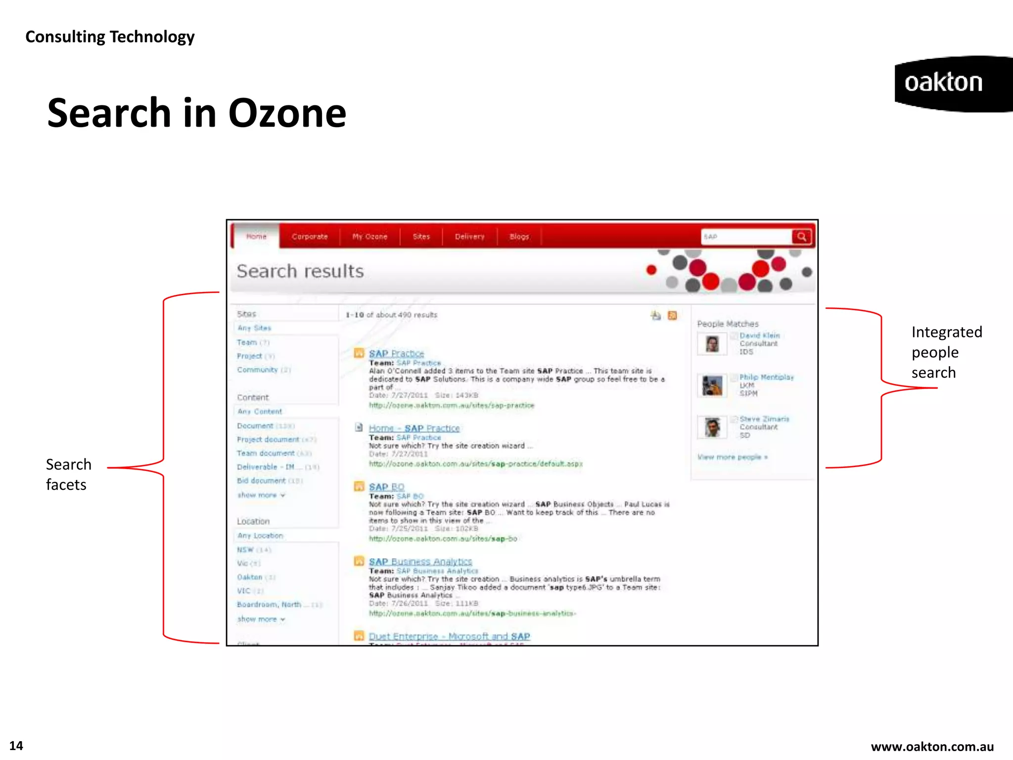 Consulting Technology



       Search in Ozone



                                  Integrated
                                  people
                                  search




       Search
       facets




14                           www.oakton.com.au
 