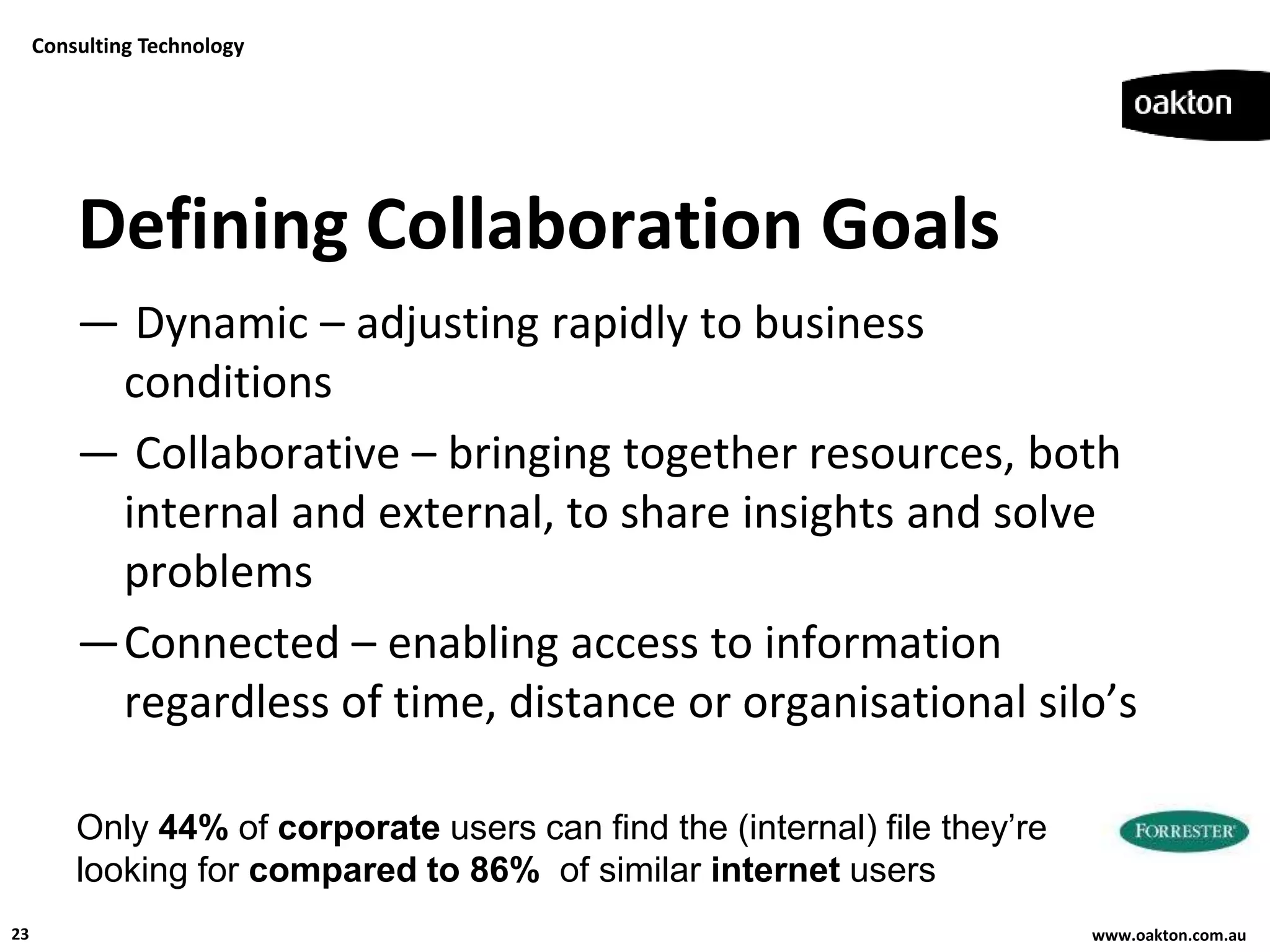 Consulting Technology




         Defining Collaboration Goals
         — Dynamic – adjusting rapidly to business
          conditions
         — Collaborative – bringing together resources, both
          internal and external, to share insights and solve
          problems
         —Connected – enabling access to information
          regardless of time, distance or organisational silo’s

         Only 44% of corporate users can find the (internal) file they’re
         looking for compared to 86% of similar internet users
23                                                                          www.oakton.com.au
 