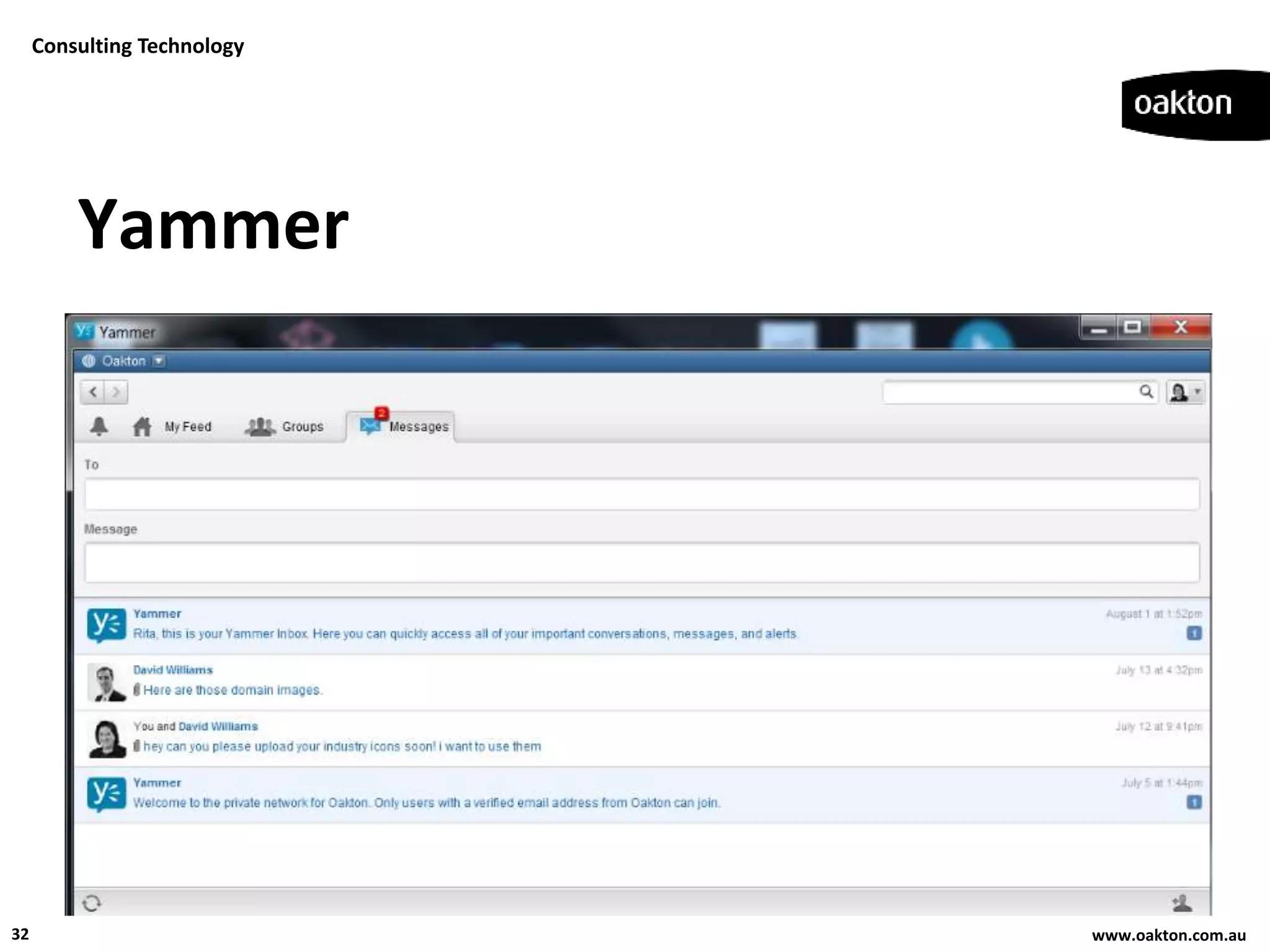 Consulting Technology




         Yammer




32                           www.oakton.com.au
 