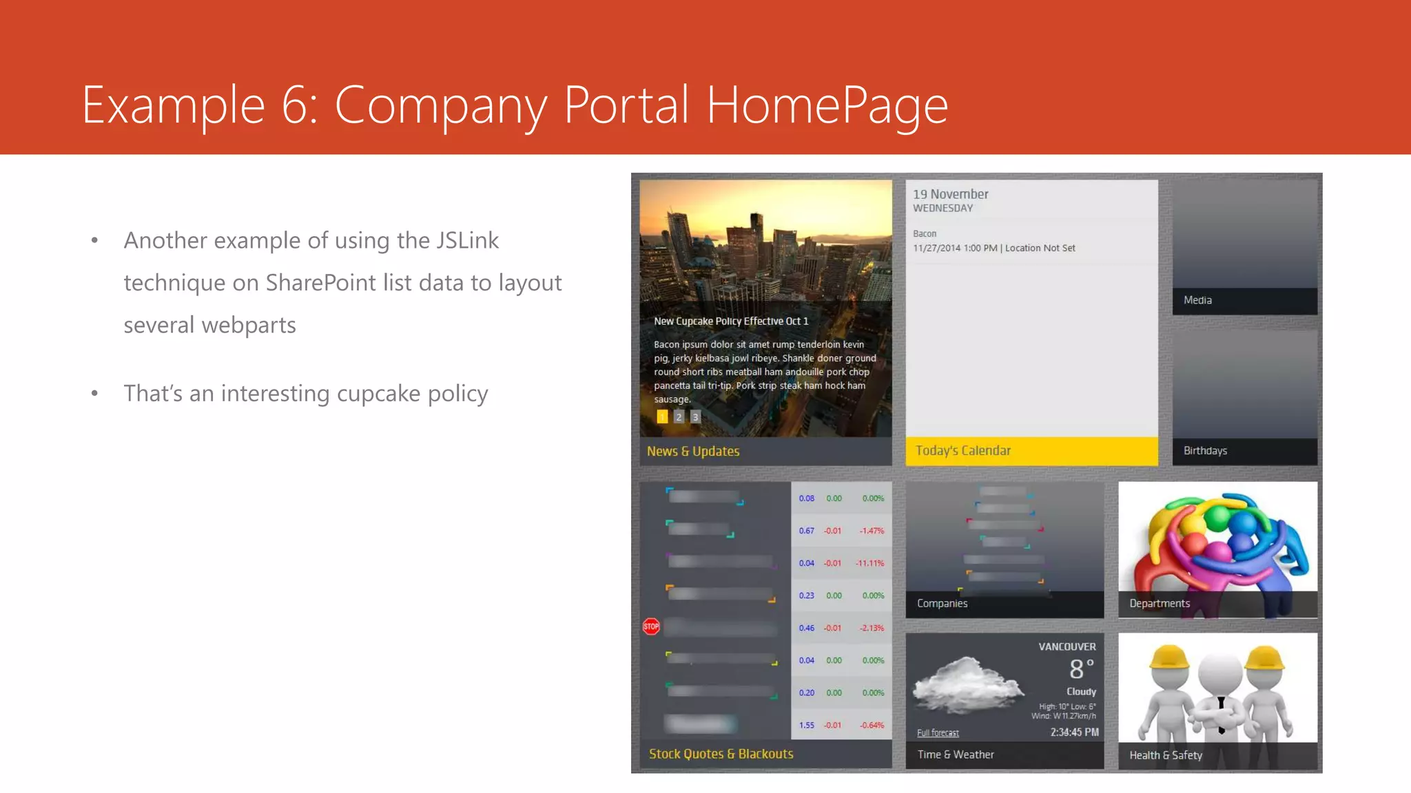 Example 6: Company Portal HomePage
• Another example of using the JSLink
technique on SharePoint list data to layout
several webparts
• That’s an interesting cupcake policy
 