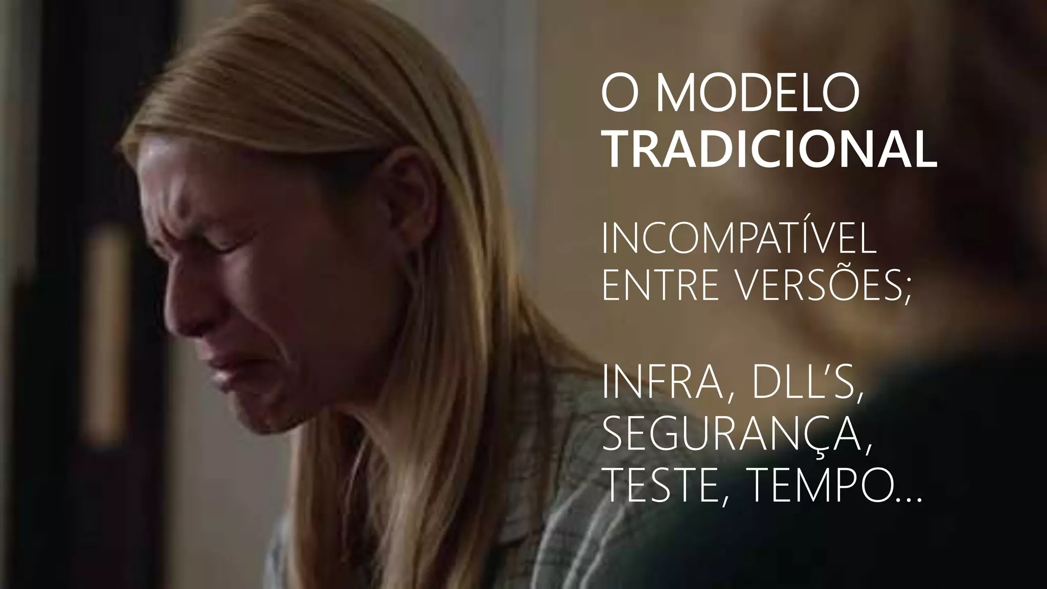 O MODELO 
TRADICIONAL 
O MODELO 
TRADICIONAL 
INCOMPATÍVEL 
ENTRE VERSÕES; 
INFRA, DLL’S, 
SEGURANÇA, 
TESTE, TEMPO... 
 