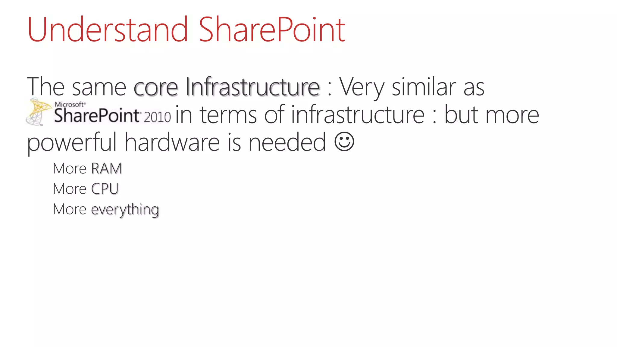 Understand SharePoint
The same core Infrastructure : Very similar as
SharePoint 20 in terms of infrastructure : but more
powerful hardware is needed 
More RAM
More CPU
More everything
 