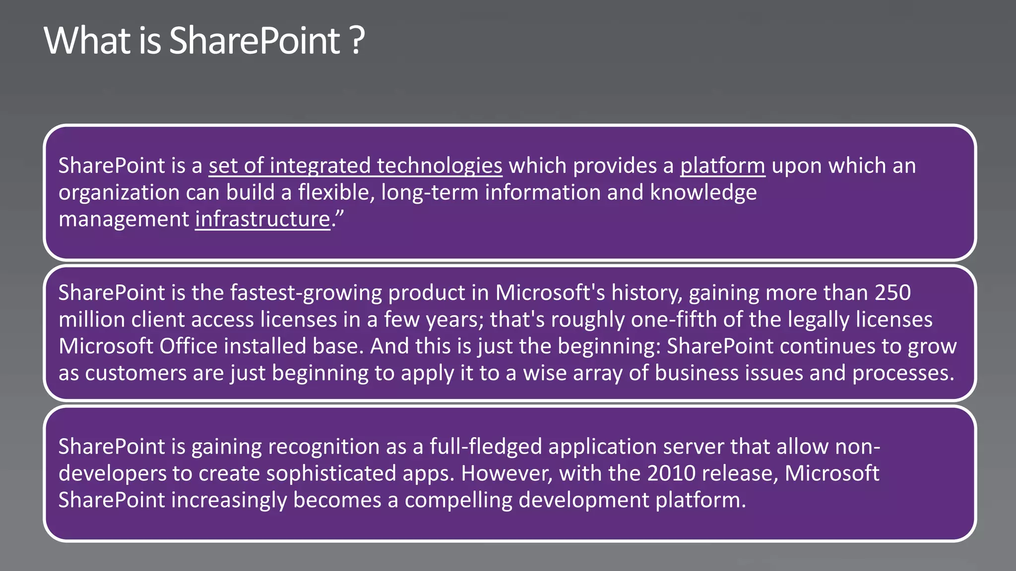 SharePoint is a set of integrated technologies which provides a platform upon which an
organization can build a flexible, long-term information and knowledge
management infrastructure.”


SharePoint is the fastest-growing product in Microsoft's history, gaining more than 250
million client access licenses in a few years; that's roughly one-fifth of the legally licenses
Microsoft Office installed base. And this is just the beginning: SharePoint continues to grow
as customers are just beginning to apply it to a wise array of business issues and processes.


SharePoint is gaining recognition as a full-fledged application server that allow non-
developers to create sophisticated apps. However, with the 2010 release, Microsoft
SharePoint increasingly becomes a compelling development platform.
 