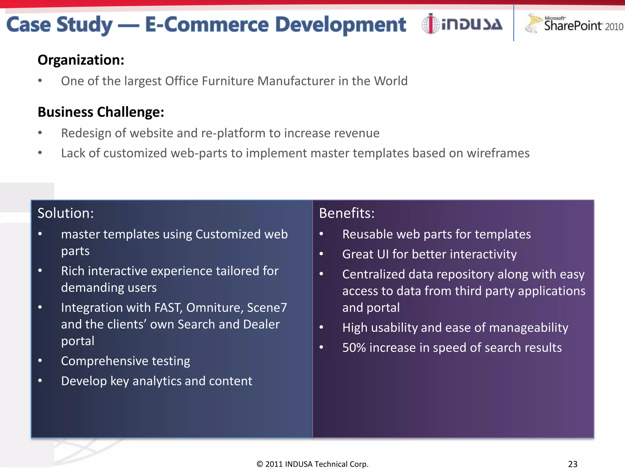Organization:
•   One of the largest Office Furniture Manufacturer in the World

Business Challenge:
•   Redesign of website and re-platform to increase revenue
•   Lack of customized web-parts to implement master templates based on wireframes



Solution:                                             Benefits:
•   master templates using Customized web             •     Reusable web parts for templates
    parts                                             •     Great UI for better interactivity
•   Rich interactive experience tailored for          •     Centralized data repository along with easy
    demanding users                                         access to data from third party applications
•   Integration with FAST, Omniture, Scene7                 and portal
    and the clients’ own Search and Dealer            •     High usability and ease of manageability
    portal                                            •     50% increase in speed of search results
•   Comprehensive testing
•   Develop key analytics and content




                                      © 2011 INDUSA Technical Corp.                                 23
 