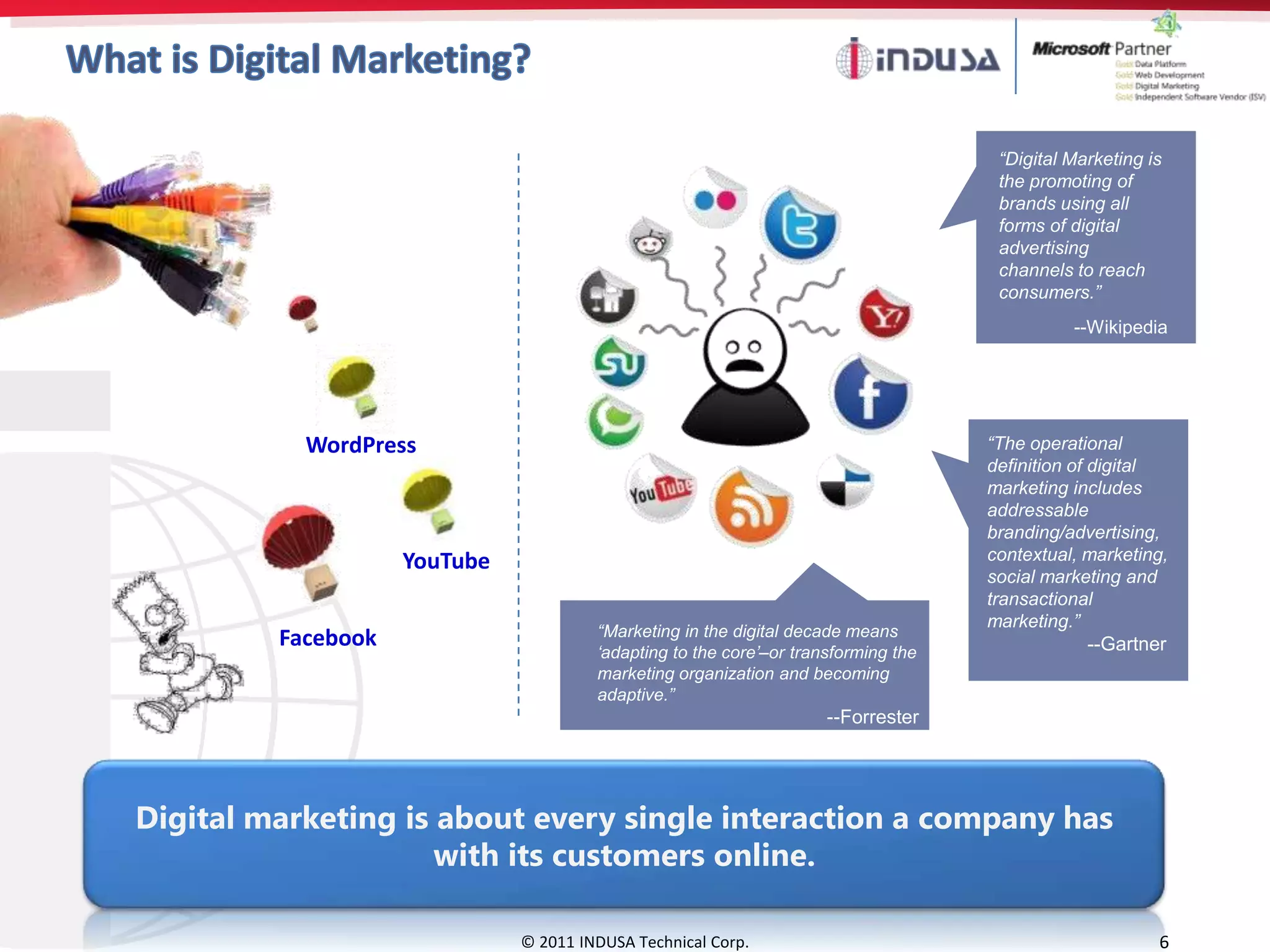 “Digital Marketing is
                                                                                     the promoting of
                                                                                     brands using all
                                                                                     forms of digital
                                                                                     advertising
                                                                                     channels to reach
                                                                                     consumers.”
                                                                                               --Wikipedia




           WordPress                                                                “The operational
                                                                                    definition of digital
                                                                                    marketing includes
                                                                                    addressable
                                                                                    branding/advertising,
                    YouTube                                                         contextual, marketing,
                                                                                    social marketing and
                                                                                    transactional
                                                                                    marketing.”
         Facebook                      “Marketing in the digital decade means
                                       „adapting to the core‟–or transforming the                 --Gartner
                                       marketing organization and becoming
                                       adaptive.”
                                                                     --Forrester




Digital marketing is about every single interaction a company has
                     with its customers online.

                              © 2011 INDUSA Technical Corp.                                              6
 