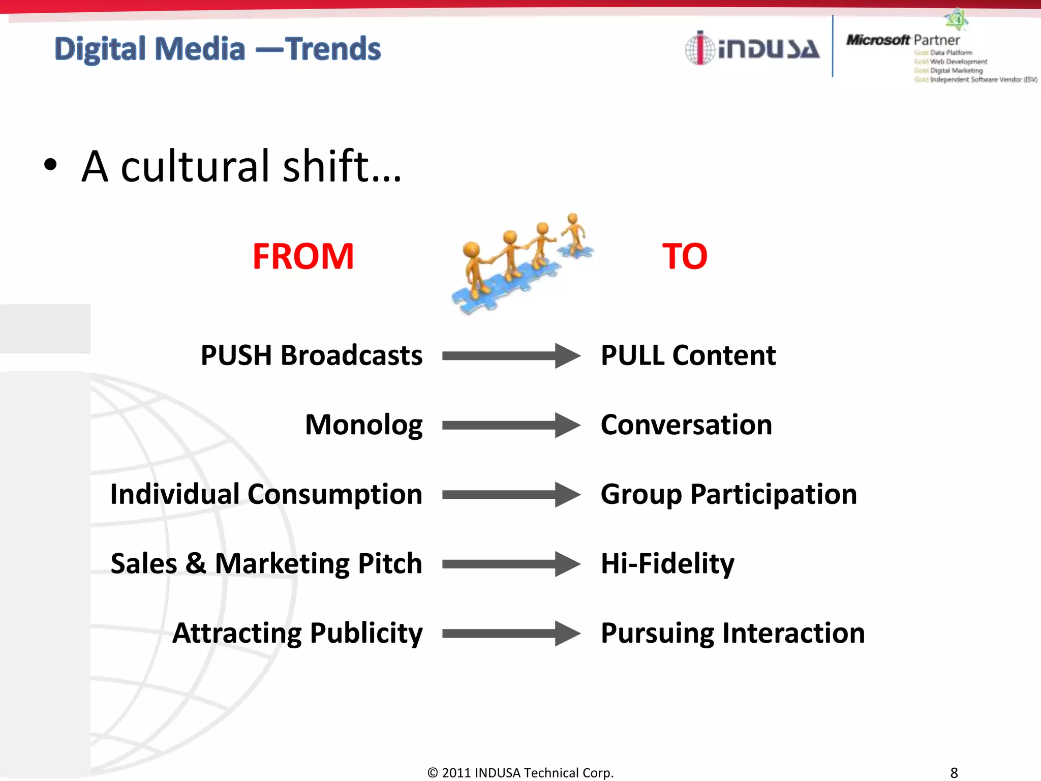 • A cultural shift…
             FROM                                             TO

         PUSH Broadcasts                                PULL Content

                 Monolog                                Conversation

   Individual Consumption                               Group Participation

   Sales & Marketing Pitch                              Hi-Fidelity

       Attracting Publicity                             Pursuing Interaction



                              © 2011 INDUSA Technical Corp.                    8
 