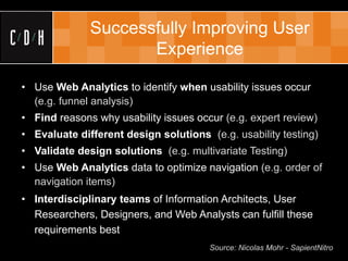 Successfully Improving User
                     Experience

• Use Web Analytics to identify when usability issues occur
  (e.g. funnel analysis)
• Find reasons why usability issues occur (e.g. expert review)
• Evaluate different design solutions (e.g. usability testing)
• Validate design solutions (e.g. multivariate Testing)
• Use Web Analytics data to optimize navigation (e.g. order of
  navigation items)
• Interdisciplinary teams of Information Architects, User
  Researchers, Designers, and Web Analysts can fulfill these
  requirements best
                                       Source: Nicolas Mohr - SapientNitro
 