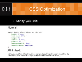 CSS Optimization

• Minify you CSS
 