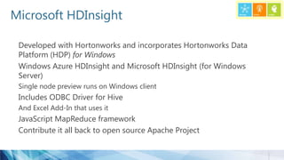 Microsoft HDInsight
Developed with Hortonworks and incorporates Hortonworks Data
Platform (HDP) for Windows
Windows Azure HDInsight and Microsoft HDInsight (for Windows
Server)
Single node preview runs on Windows client
Includes ODBC Driver for Hive
And Excel Add-In that uses it
JavaScript MapReduce framework
Contribute it all back to open source Apache Project
 