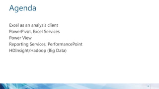 Agenda
Excel as an analysis client
PowerPivot, Excel Services
Power View
Reporting Services, PerformancePoint
HDInsight/Hadoop (Big Data)
8
 