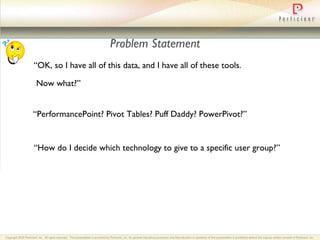 Problem Statement “ OK, so I have all of this data, and I have all of these tools.  Now what?” “ PerformancePoint? Pivot Tables? Puff Daddy? PowerPivot?” “ How do I decide which technology to give to a specific user group?” 