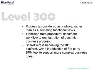 Level 300
   • Process is considered as a whole, rather
     than as automating functional tasks.
   • Transition from procedural document
     workflow to orchestration of dynamic
     business process.
   • SharePoint is becoming the BP
     platform, w/the introduction of 3rd party
     BPM tool to support more complex business
     rules.


                                 BUSINESS PROCESS MANAGEMENT
 