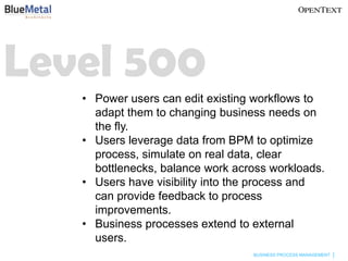 Level 500
   • Power users can edit existing workflows to
     adapt them to changing business needs on
     the fly.
   • Users leverage data from BPM to optimize
     process, simulate on real data, clear
     bottlenecks, balance work across workloads.
   • Users have visibility into the process and
     can provide feedback to process
     improvements.
   • Business processes extend to external
     users.
                                  BUSINESS PROCESS MANAGEMENT
 