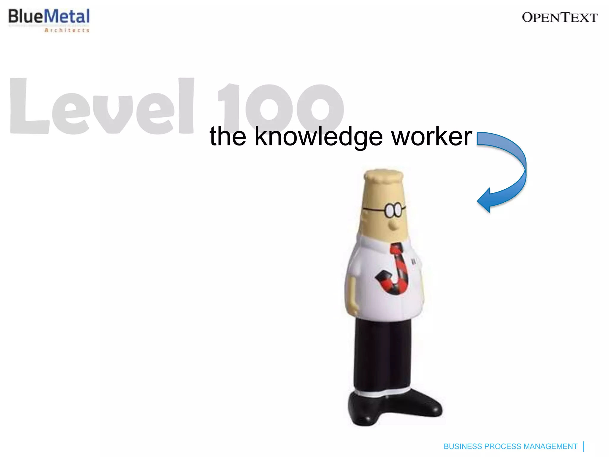 Level 100
     the knowledge worker




                      BUSINESS PROCESS MANAGEMENT
 