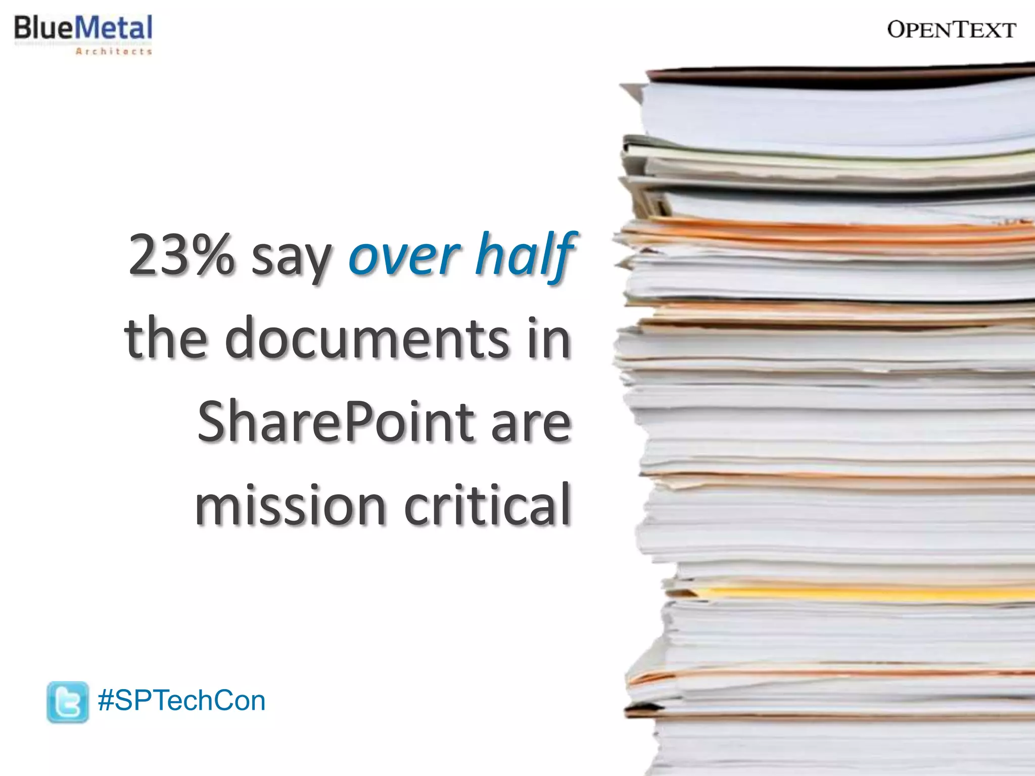 23% say over half
 the documents in
    SharePoint are
   mission critical

#SPTechCon
                      BUSINESS PROCESS MANAGEMENT
 