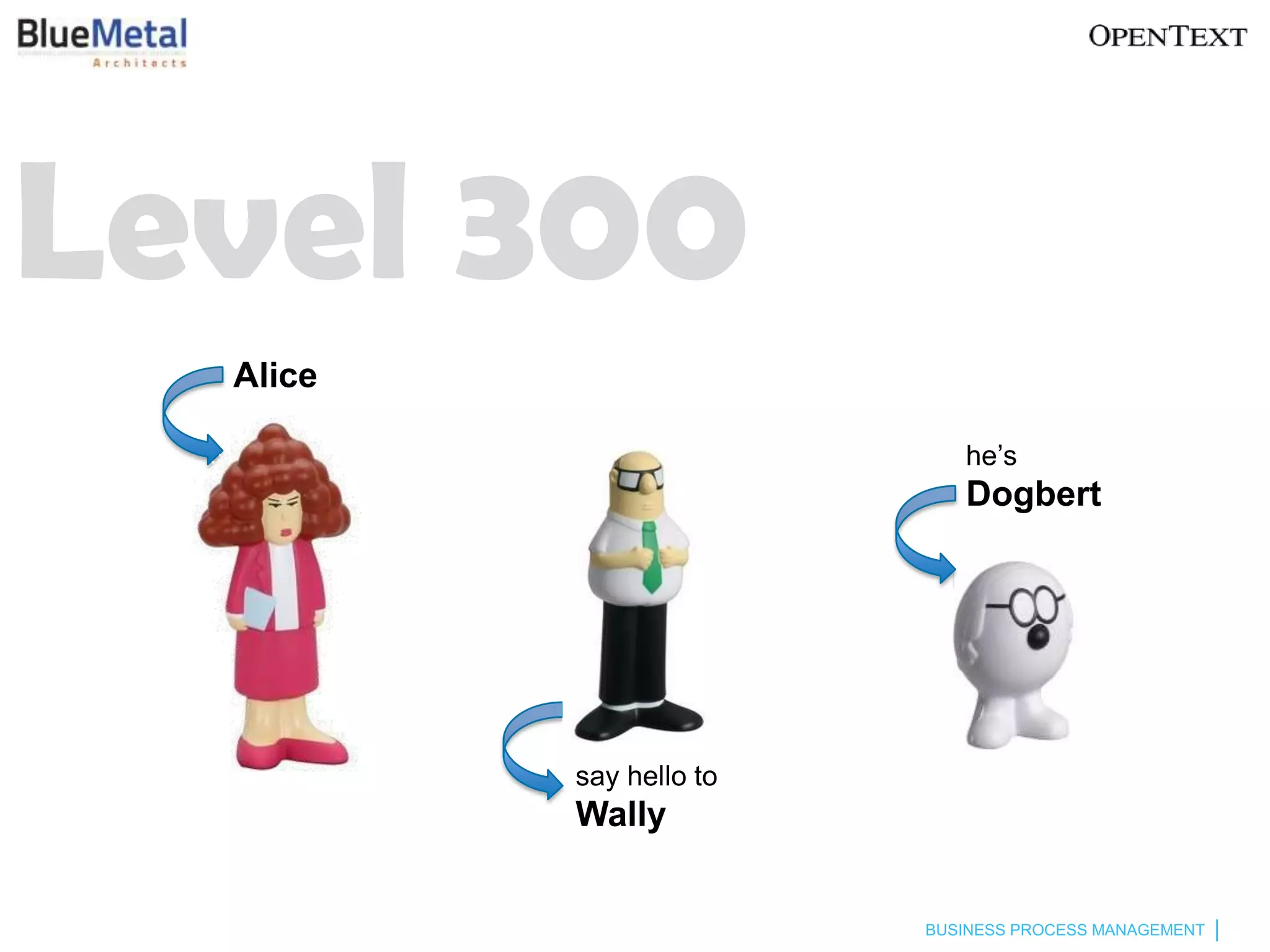 Level 300
  Alice

                            he’s
                            Dogbert




          say hello to
          Wally


                         BUSINESS PROCESS MANAGEMENT
 