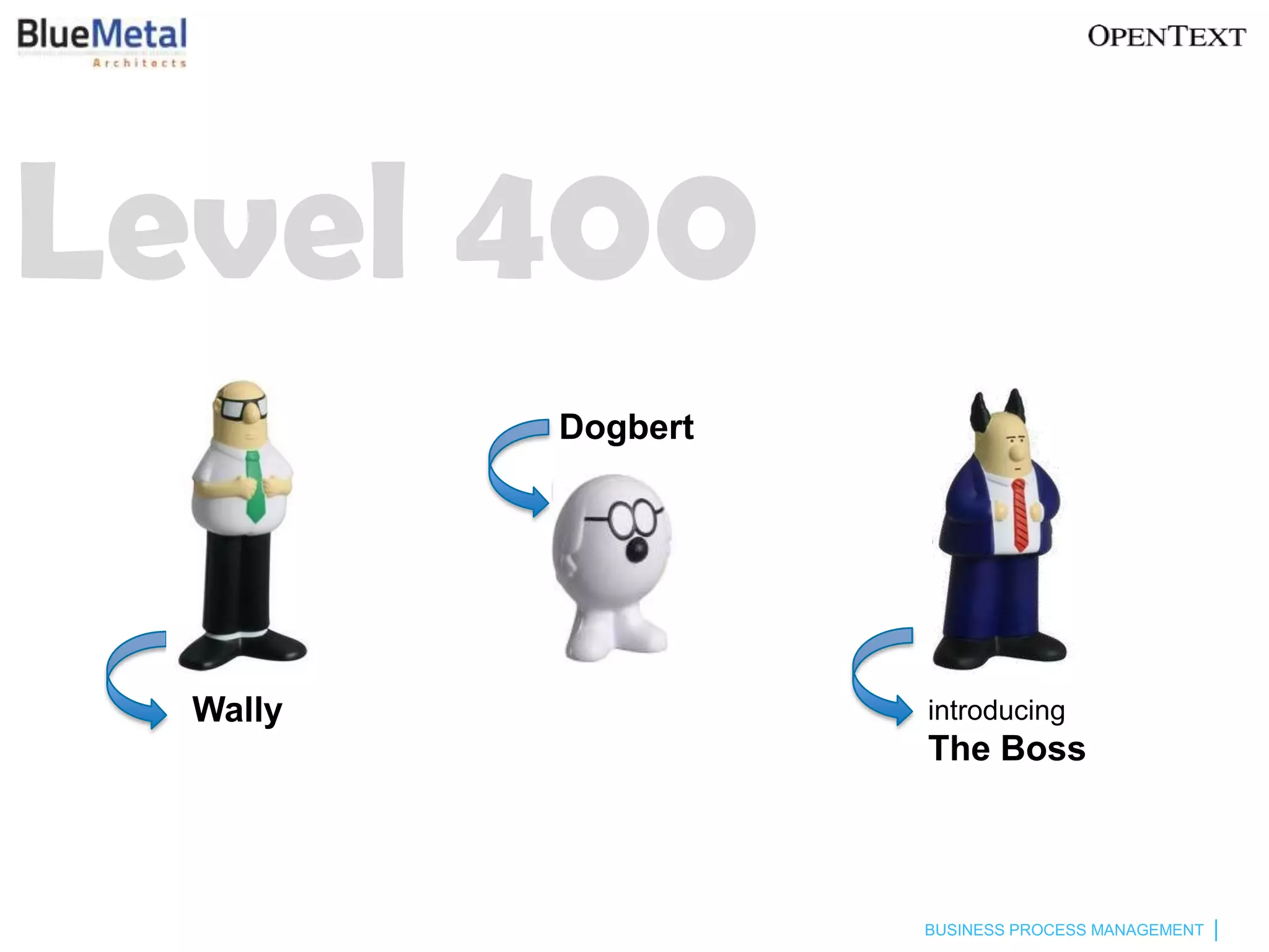 Level 400
          Dogbert




  Wally             introducing
                    The Boss



                    BUSINESS PROCESS MANAGEMENT
 