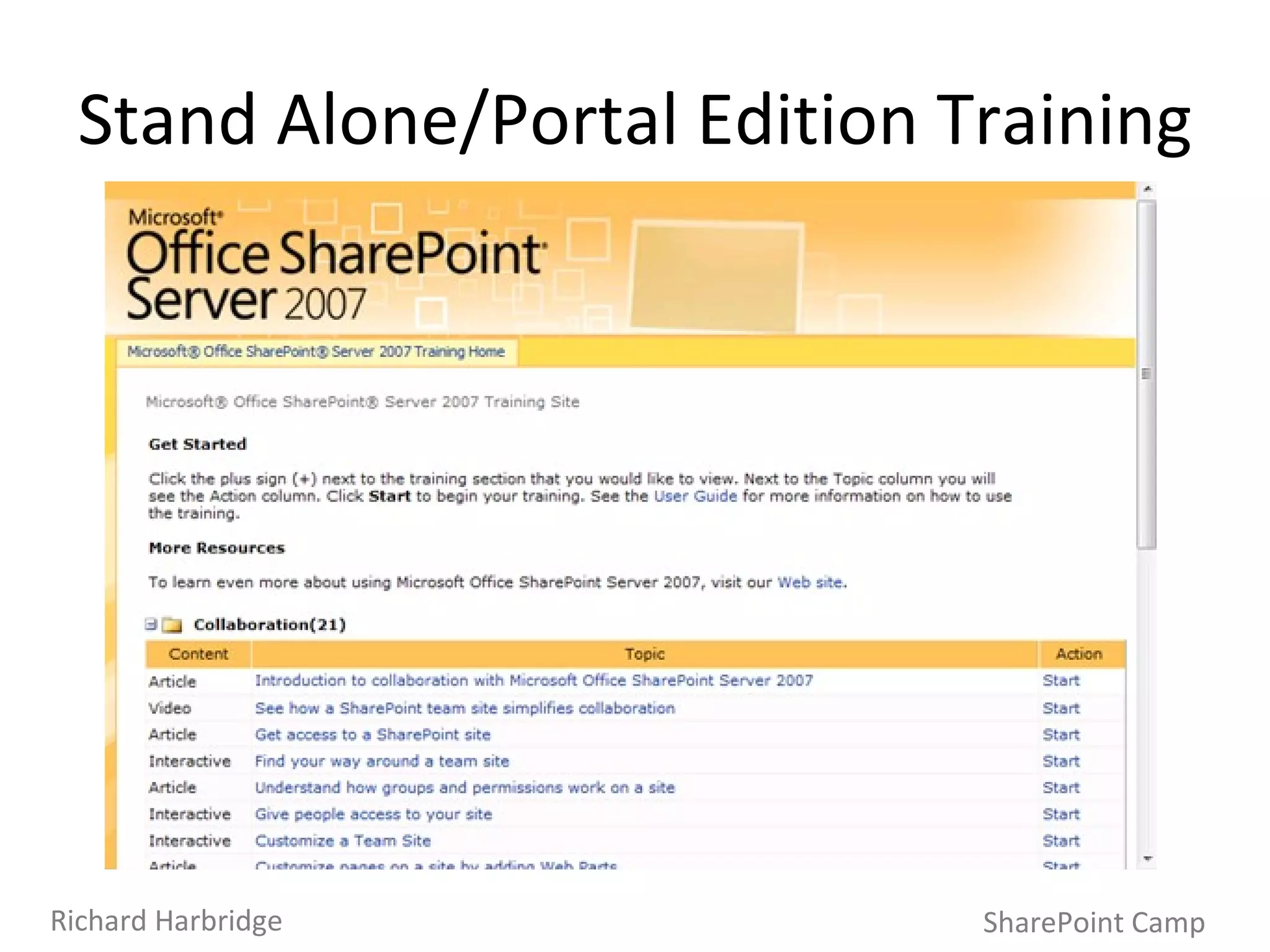 Stand Alone/Portal Edition Training SharePoint Camp Richard Harbridge 
