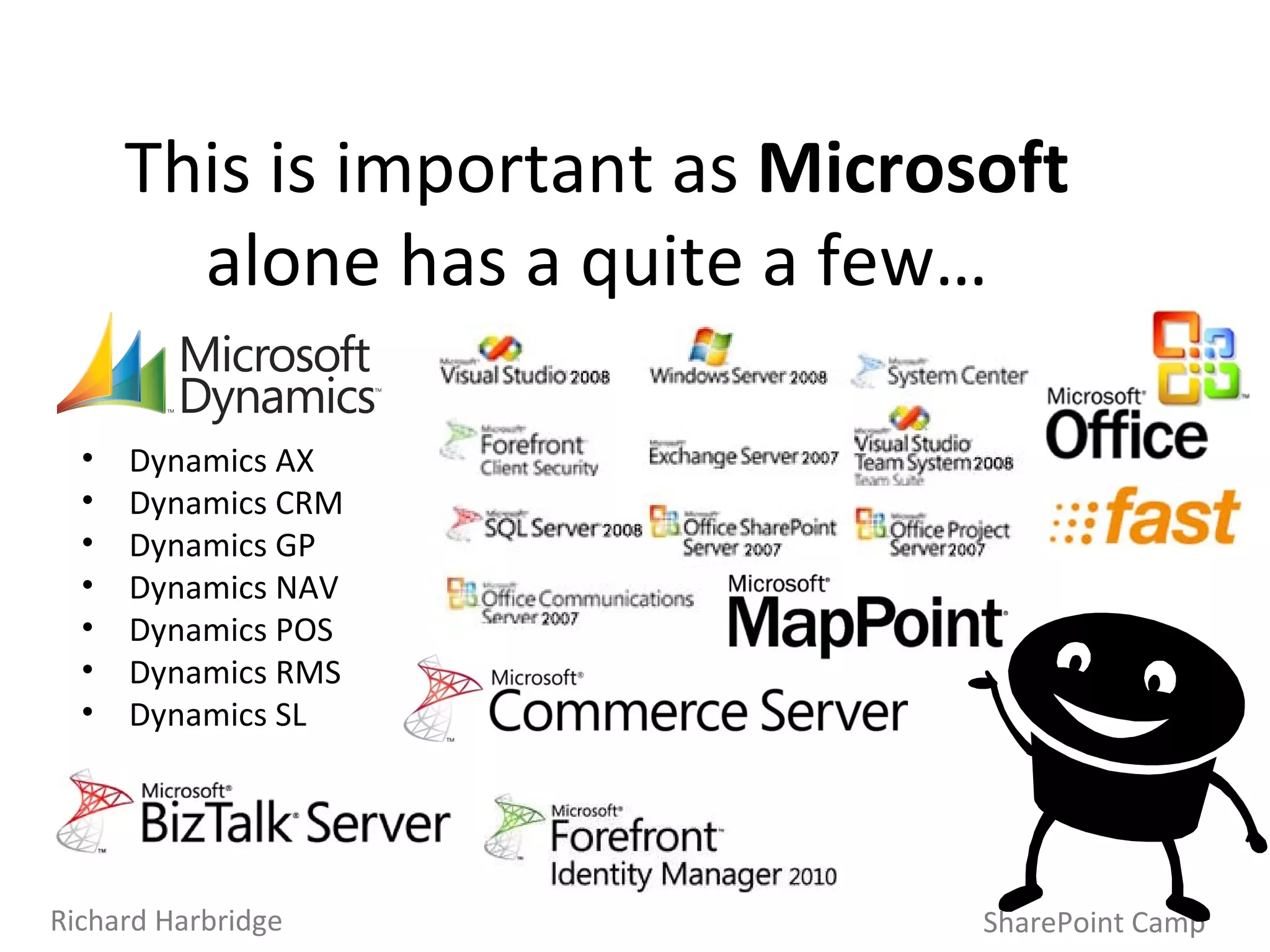 This is important as  Microsoft  alone has a quite a few… SharePoint Camp Richard Harbridge Dynamics AX Dynamics CRM Dynamics GP Dynamics NAV Dynamics POS Dynamics RMS Dynamics SL 
