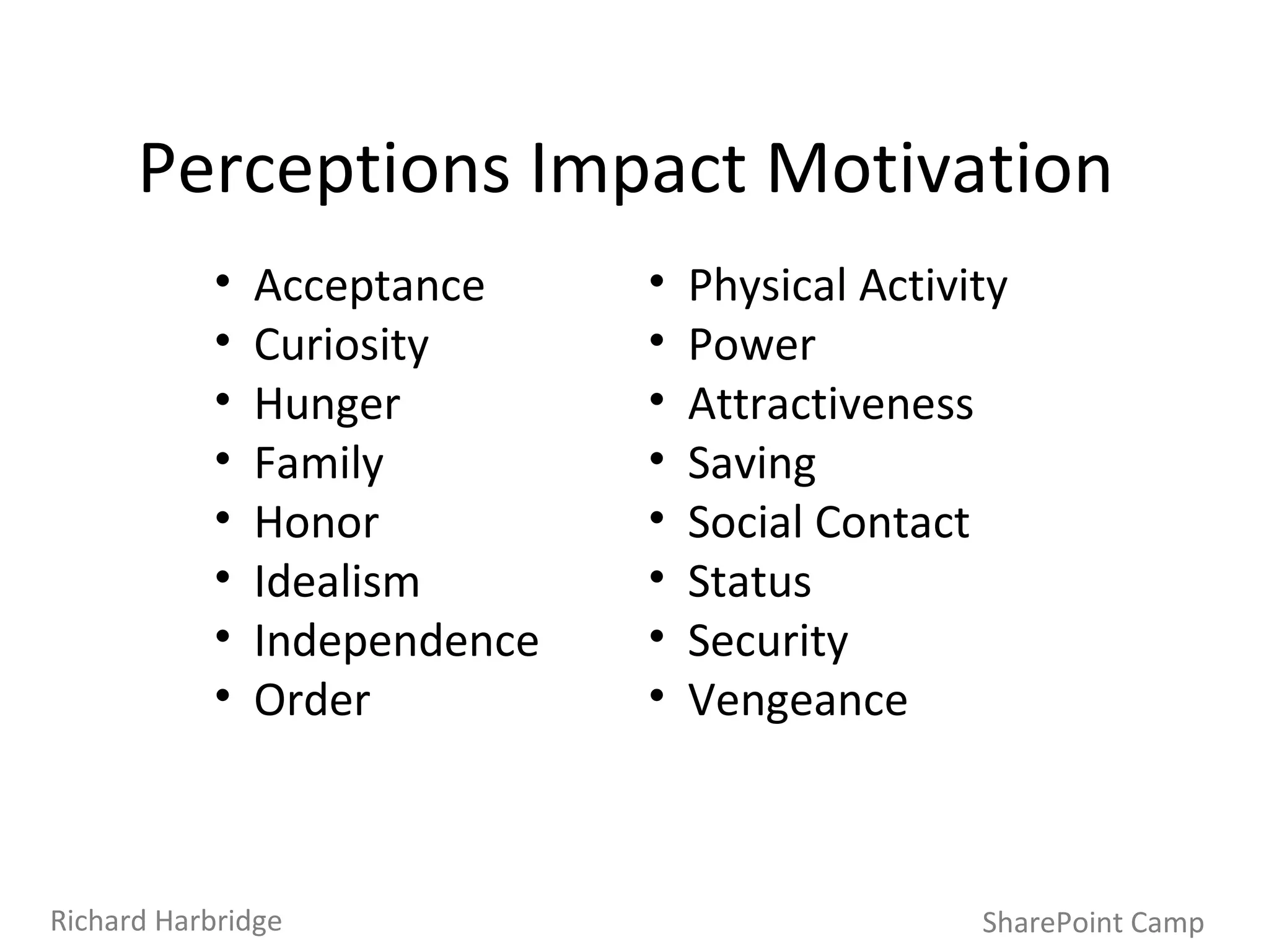 Perceptions Impact Motivation SharePoint Camp Richard Harbridge Acceptance Curiosity Hunger Family Honor Idealism Independence Order Physical Activity Power Attractiveness Saving Social Contact Status Security Vengeance 