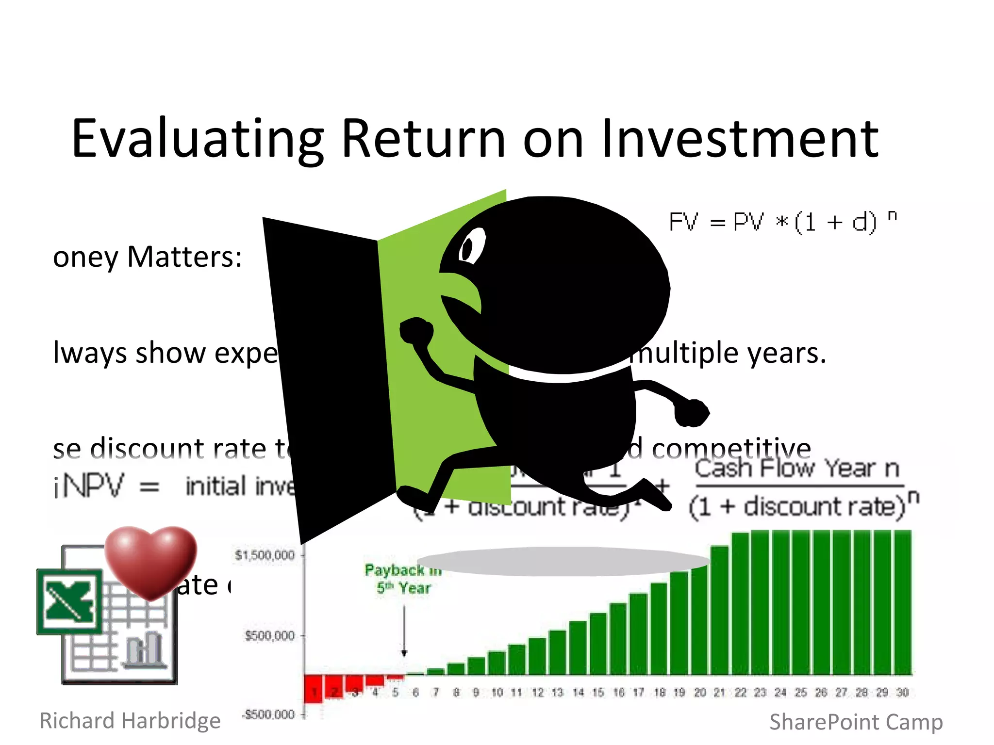 Evaluating Return on Investment Money Matters: Always show expected cost and return over multiple years.  Use discount rate to help account for risk and competitive investment rate. Internal Rate of Return will help find the ‘break even point’. SharePoint Camp Richard Harbridge 