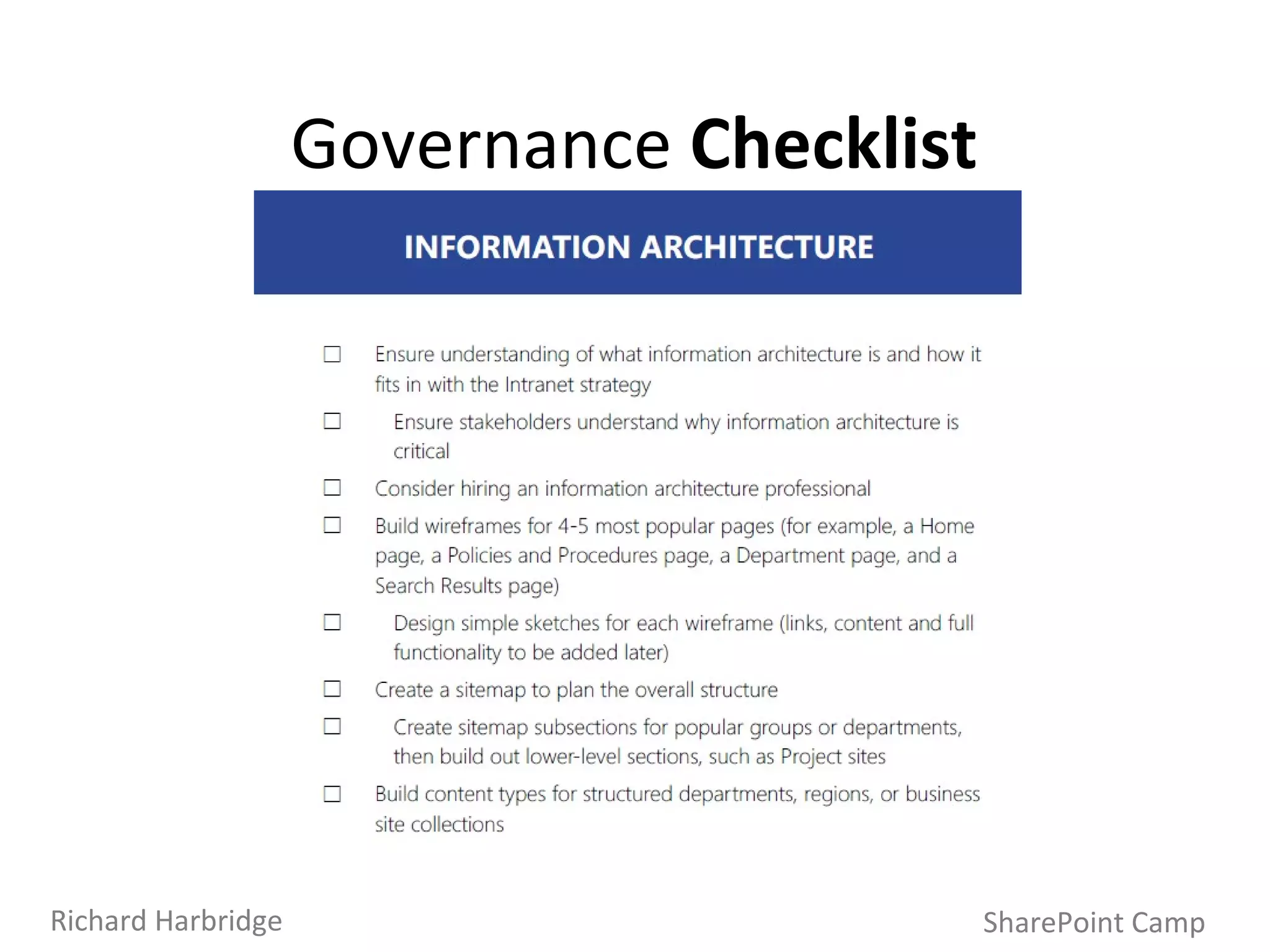 Governance  Checklist SharePoint Camp Richard Harbridge 